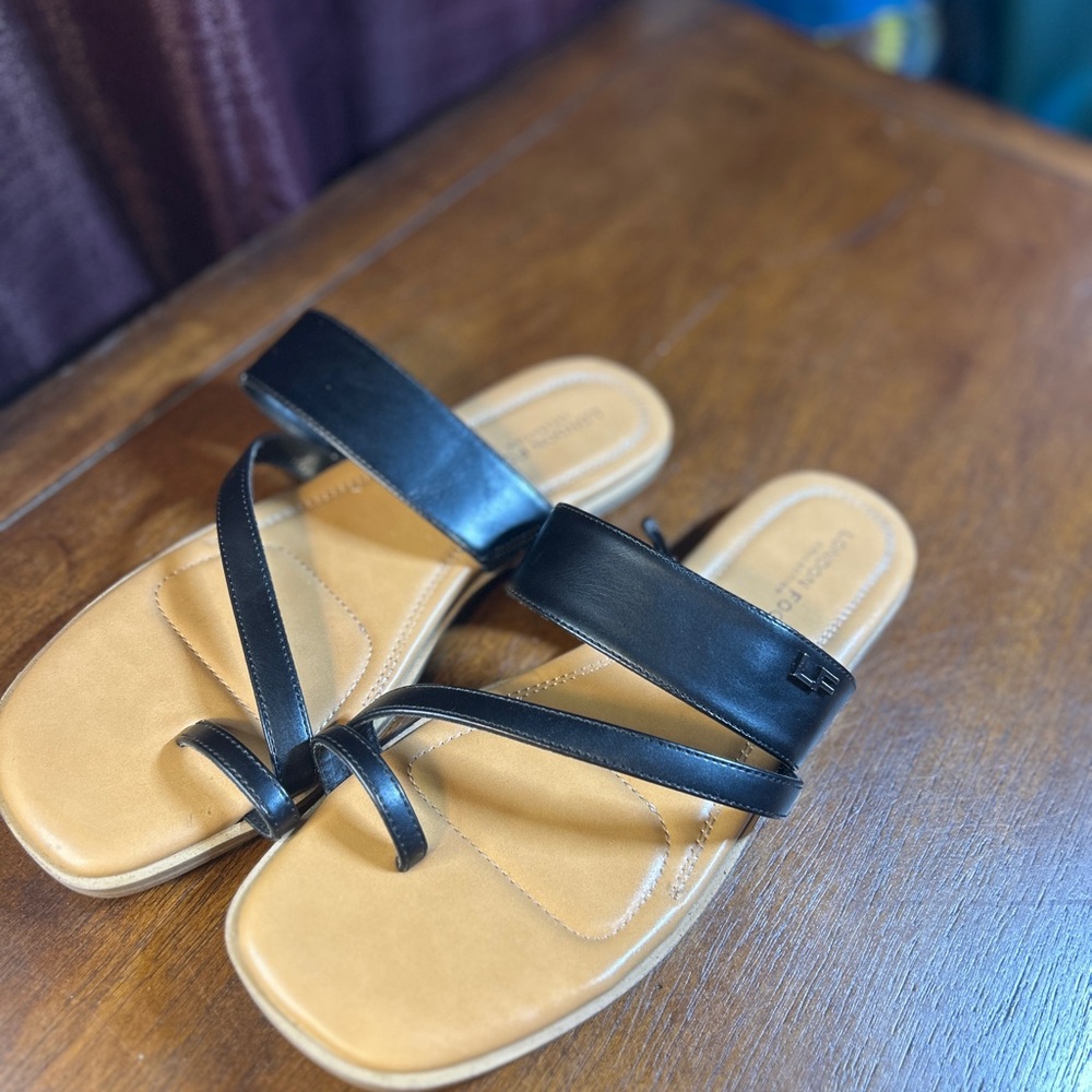 London Fog Black and Tan Strappy Sandals